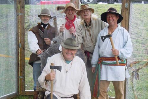 The United Sharbot Lake Knife Throwers, back row, l-r, Mike Steeves, Craig Pittman, Craig Bakay and Mike Procter and Peter de Bassecourt (front) at Heritage Day at the SLFM
